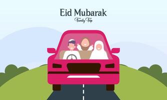 musulmán familia en coche viaje a pueblo natal durante eid Mubarak celebracion vector