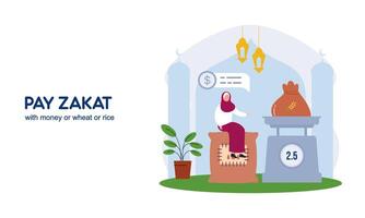 pagar zakat o en línea zakat solicitud para Ramadán concepto vector