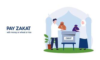 pagar zakat o en línea zakat solicitud para Ramadán concepto vector