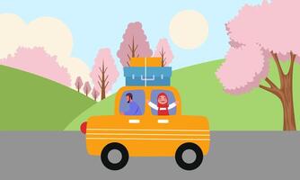 Muslim Family In Car Trip to Hometown during Eid Mubarak Celebration vector