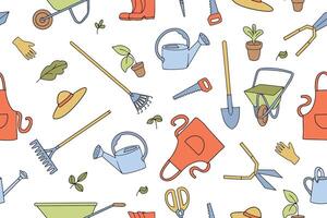 Seamless pattern of garden tools in doodle style. Watering can, hoe, bucket, hose, pitchfork, shovel, wheelbarrow, trowel, pruning shears, tree seedlings, garden fork, rake and other linear icons. vector