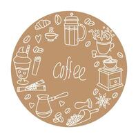 Banner for a coffee shop. Cute doodle cartoon cafe icons. Set of hand drawn vector