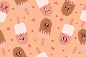 Seamless pattern of ice cream on a stick in kawaii style. Vector illustration on pink background.