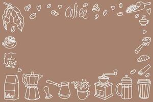 Banner for a coffee shop. Cute doodle cartoon cafe icons. Set of hand drawn vector