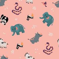 Seamless pattern with safari animals. Elephant, rhinoceros, zebra, panda, snake. Design for fabric, textile, wallpaper, packaging. vector