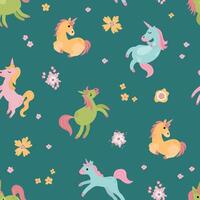 Seamless pattern with unicorns and flowers. Design for fabric, textiles, wallpaper, packaging. vector