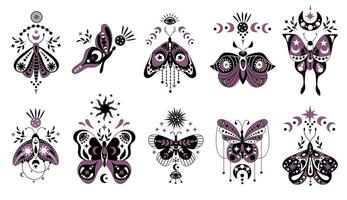 Mystical celestial butterflies and moths in boho style. isolated cliparts on white background. vector