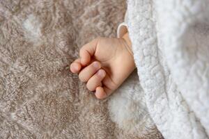 A right hand of sleeping asian baby on the carpet photo