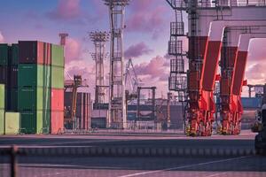 Containers and cranes near the port in Aomi Tokyo telephoto shot photo