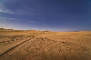 A panoramic sand dune of sahara desert at Mhamid el Ghizlane in Morocco wide shot photo