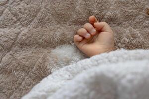 un Derecha mano de dormido asiático bebé en el alfombra foto