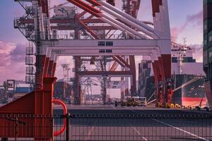 A dusk of Containers and cranes near the port in Aomi Tokyo telephoto shot photo