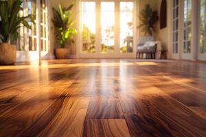 AI generated Warm Sunlight on Polished Wooden Flooring photo