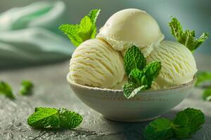 ai generado cuenco de vainilla hielo crema con menta adornar foto