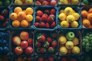 ai generado varios Fresco frutas en mercado cestas parte superior ver foto