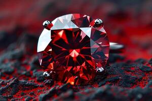 AI generated Gleaming Red Gemstone on Ring Against Red photo