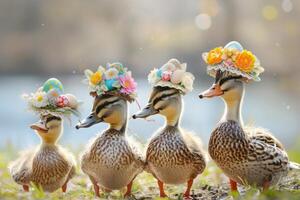 ai generado patos adornado con Pascua de Resurrección gorros al aire libre foto