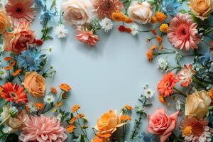 ai generado vibrante floral marco en suave azul antecedentes foto