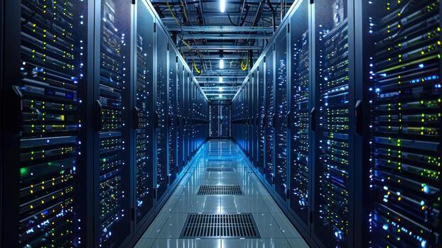 AI generated Modern Data Center with Rows of High-Tech Servers photo