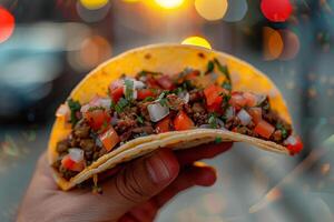 AI generated Colorful Tasty Beef Taco in Hand photo