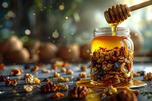 AI generated Jar of Honey and Nuts in Golden Light photo