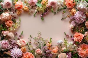AI generated Romantic Floral Frame on Soft Pink Backdrop photo
