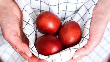 mujer manos sostener de colores rojo Pascua de Resurrección huevos en un delantal. colorante huevos para Pascua de Resurrección. cristiano tradiciones de cerca. selectivo enfocar. foto