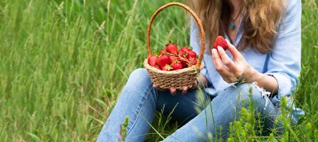 Young woman sits on the green grass and eating ripe strawberries sitting. Healthy lifestyle concept. Banner. Copy space. Selective focus. photo