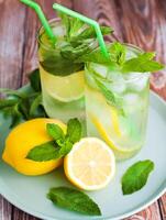 Two glass with natural refreshing lemonade or mojito cocktail with lemon, mint and ice cubes. Cold summer beverage on wooden background. Close-up. photo