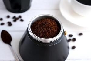 The concept of preparing natural coffee in a geyser coffee maker. Aromatic coffee for breakfast. Close-up. Selective focus. photo