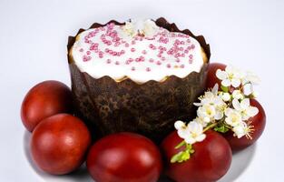 Easter cake and colored eggs on the plate. Close-up. Selective focus. photo