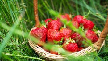 Ripe and juicy strawberry in a wicker basket in the grass. Close-up. Selective focus. photo