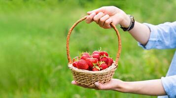 Women's hands holding wicker basket with ripe strawberries. Close-up. Copy space. Banner. Selective focus. photo