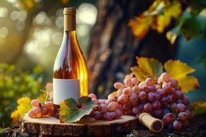 ai generado otoño cosecha vino botella con uvas foto