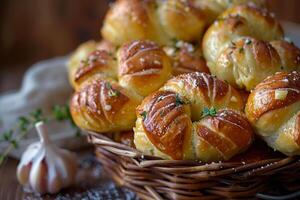 AI generated Golden Baked Knot Rolls in a Wicker Basket photo