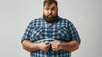 AI generated A fat man is using waist measuring tape to measure his waist, Overweight concept photo