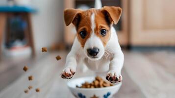 AI generated A small cute Jack Russell puppy near a bowl of food. AI Generated photo