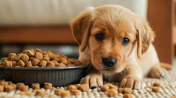 AI generated A small cute retriever puppy near a bowl of food. AI Generated photo