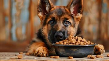 ai generado un pequeño linda pastor perrito cerca un cuenco de alimento. ai generado foto