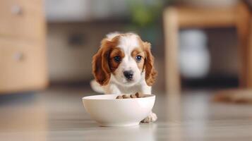 ai generado un pequeño linda Jack Russell perrito cerca un cuenco de alimento. ai generado foto