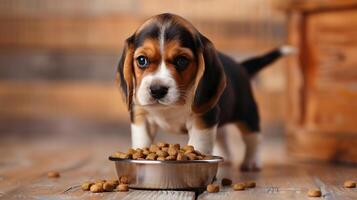 AI generated A small cute beagle puppy near a bowl of food. AI Generated photo