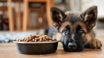 AI generated A small cute shepherd puppy near a bowl of food. AI Generated photo