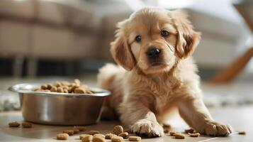 AI generated A small cute retriever puppy near a bowl of food. AI Generated photo