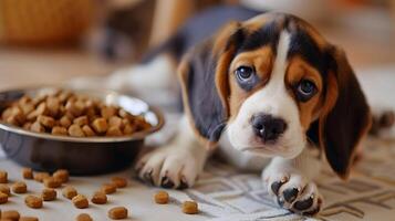 AI generated A small cute beagle puppy near a bowl of food. AI Generated photo