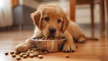 AI generated A small cute retriever puppy near a bowl of food. AI Generated photo