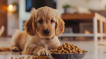 AI generated A small cute retriever puppy near a bowl of food. AI Generated photo