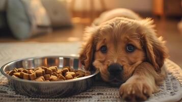 AI generated A small cute retriever puppy near a bowl of food. AI Generated photo