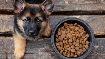 ai generado un pequeño linda pastor perrito cerca un cuenco de alimento. ai generado foto