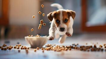 AI generated A small cute Jack Russell puppy near a bowl of food. AI Generated photo