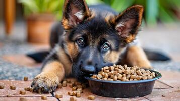 AI generated A small cute shepherd puppy near a bowl of food. AI Generated photo